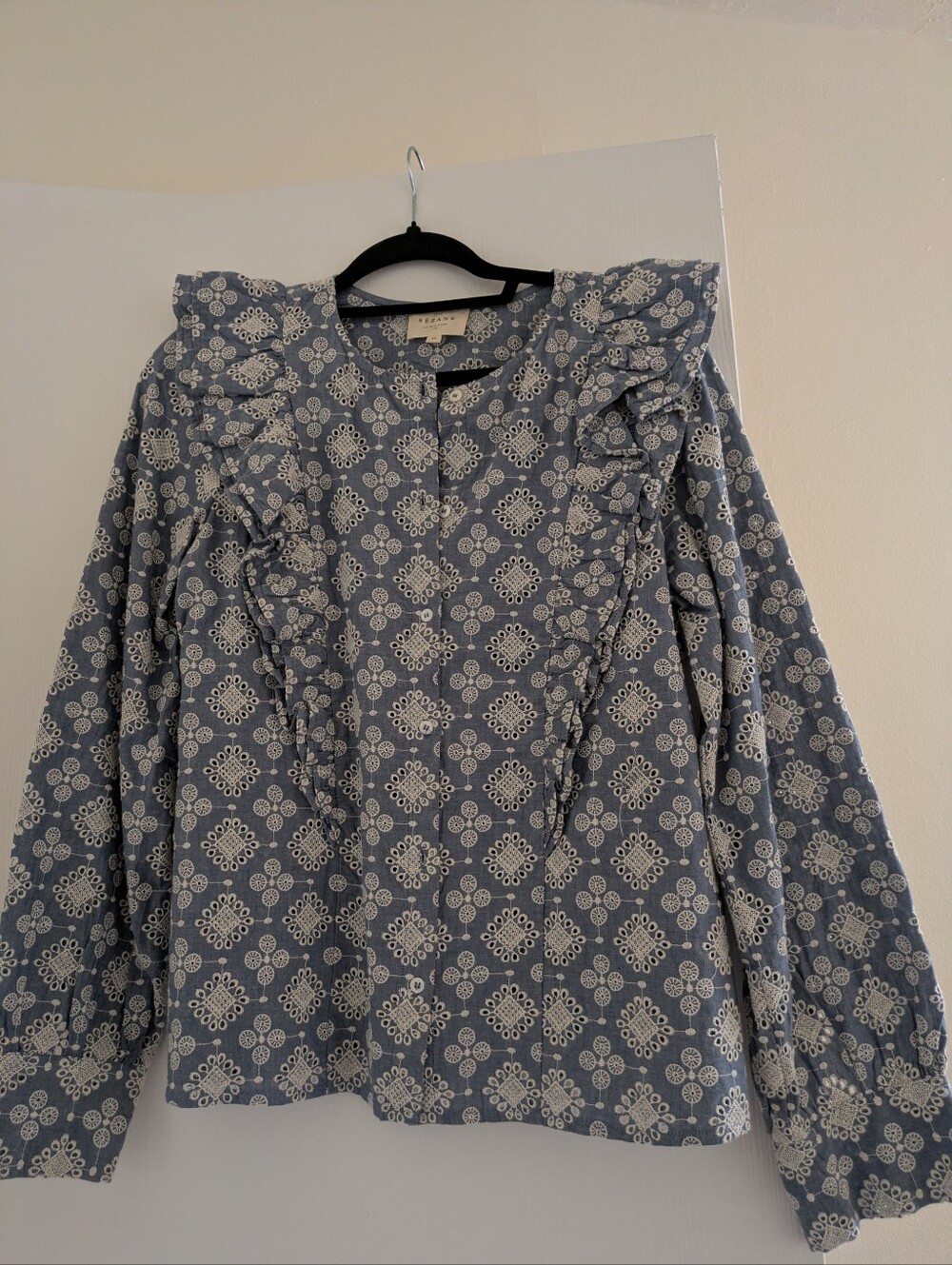 Sezane Blue Floral Ruffle-Trim Blouse